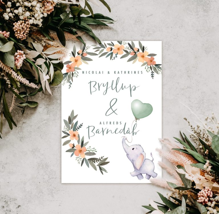 bryllup-og-daabsinvitation-flower-elefant-green